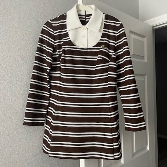VINTAGE David Crystal Fashion for Lacoste 60's Mod Dress-Brown/White-Long Sleeve - Picture 1 of 5